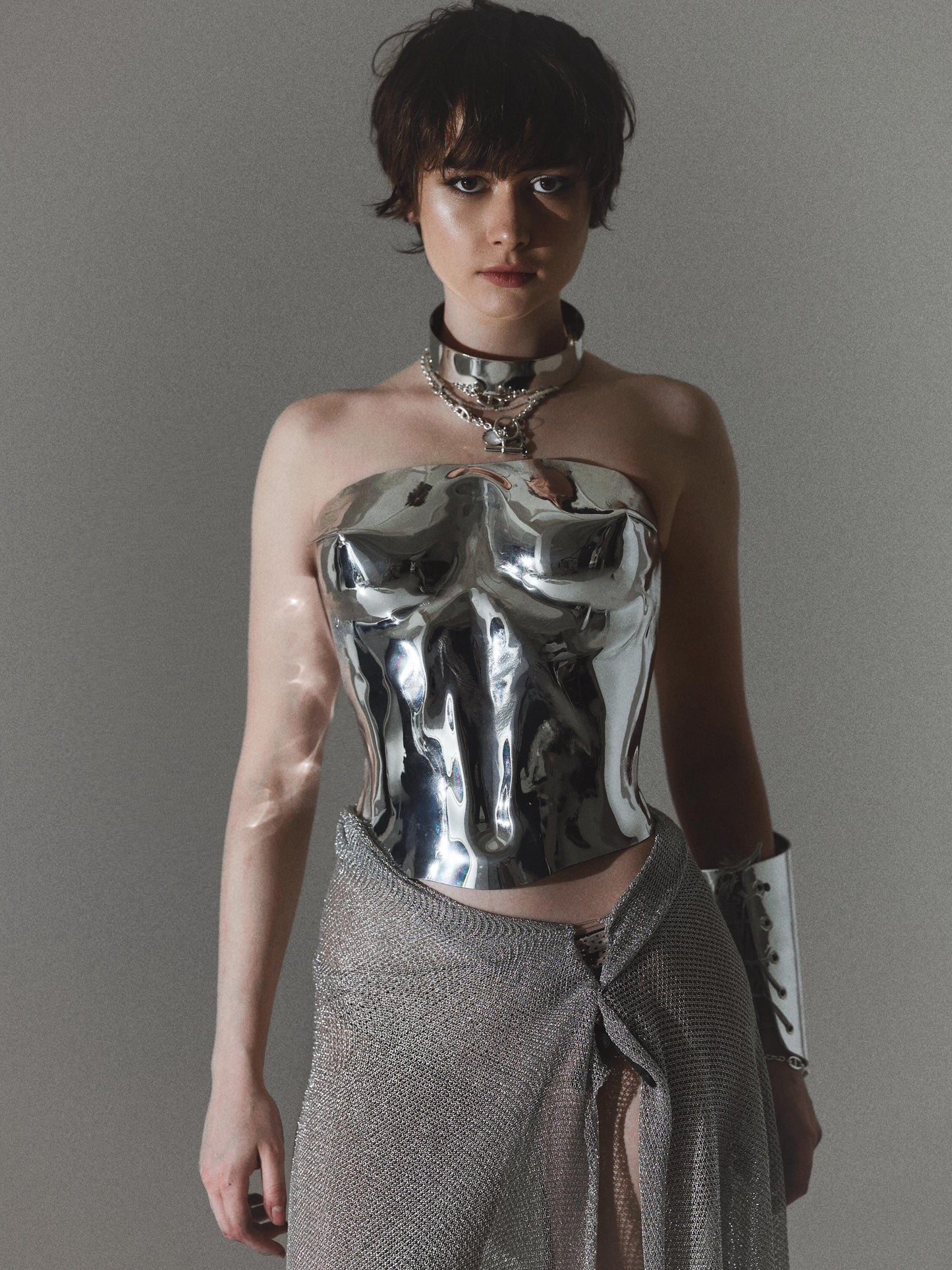 Silver metal custom corset bustier top, breastplate armor costumes cosplay metal bra, burning man rave outfit, photoshoot corset