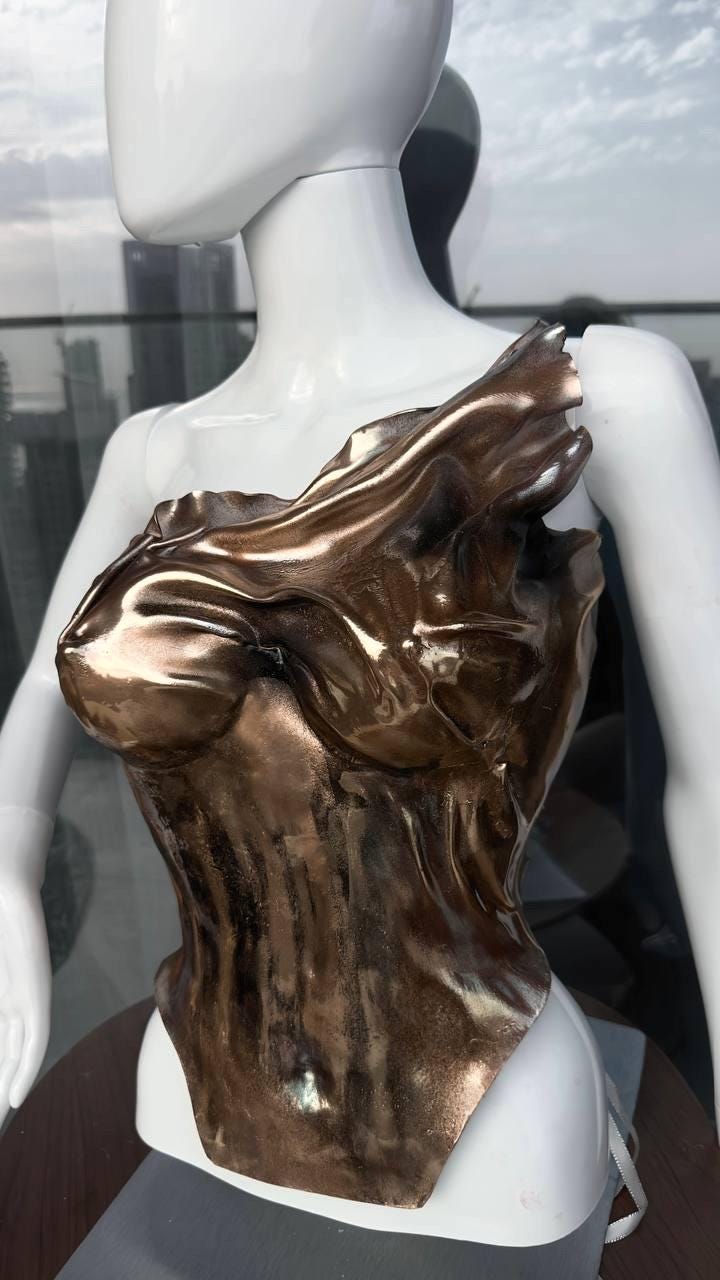Ancient bronze bustier corset, copper custom handmade breastplate, vintage look brass top for stage performance, photoshoot, special events