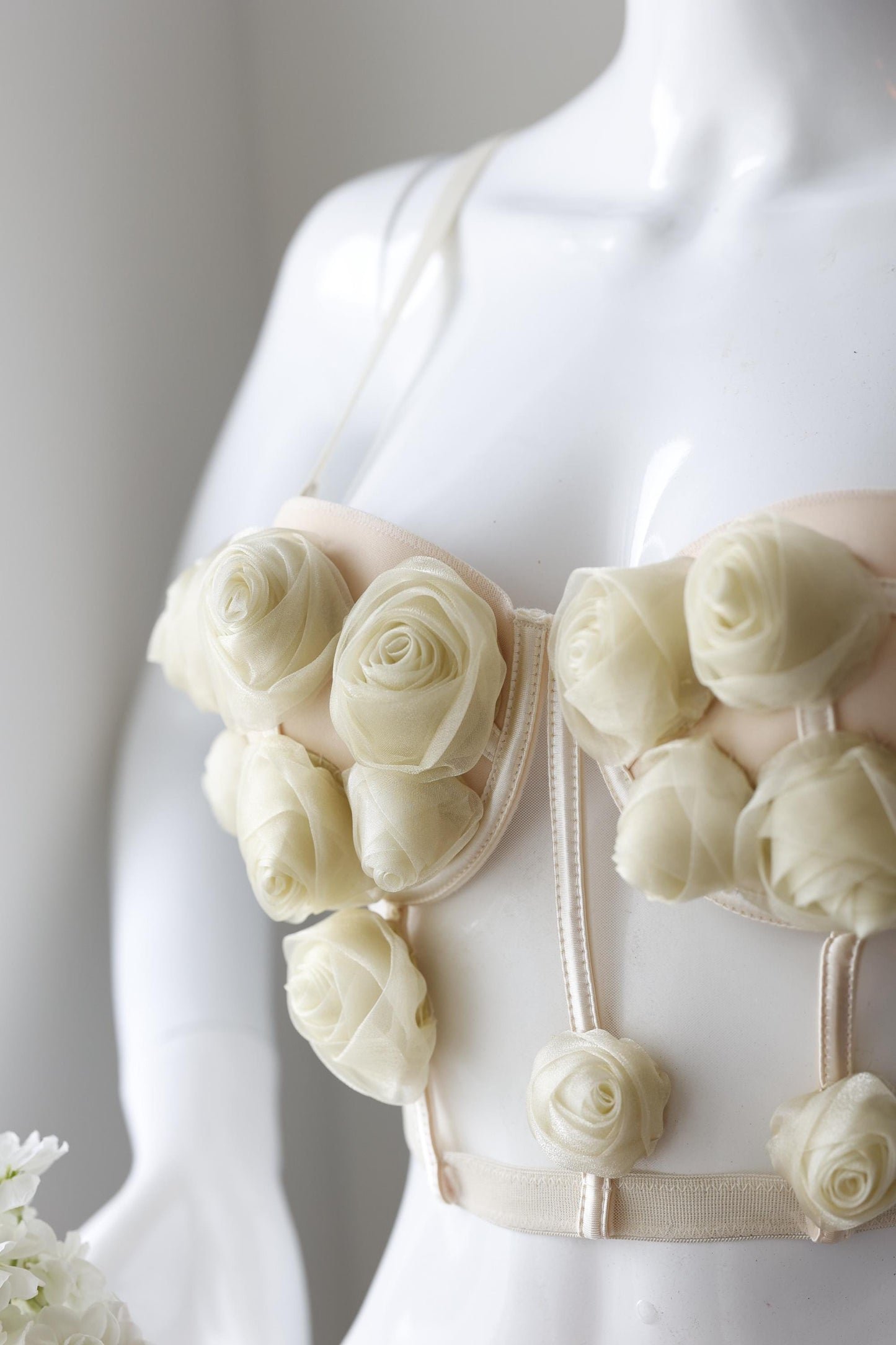 Beige nude custom corset bustier top with flowers and roses, corset with cups, handmade art festival outfit goddess queen top