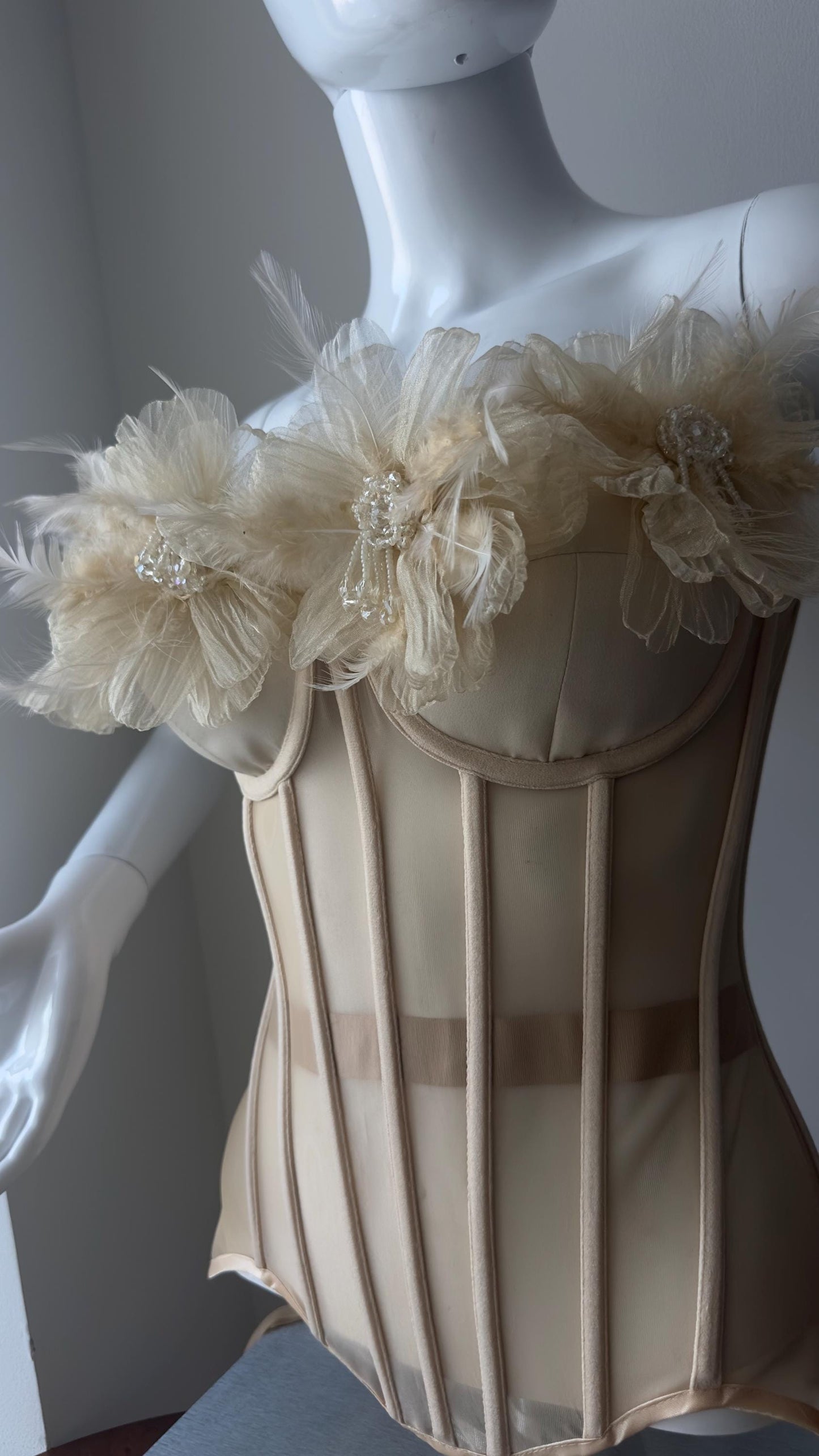 Beige nude custom corset bustier top with flowers, corset with push-up cups, handmade art festival outfit goddess queen top