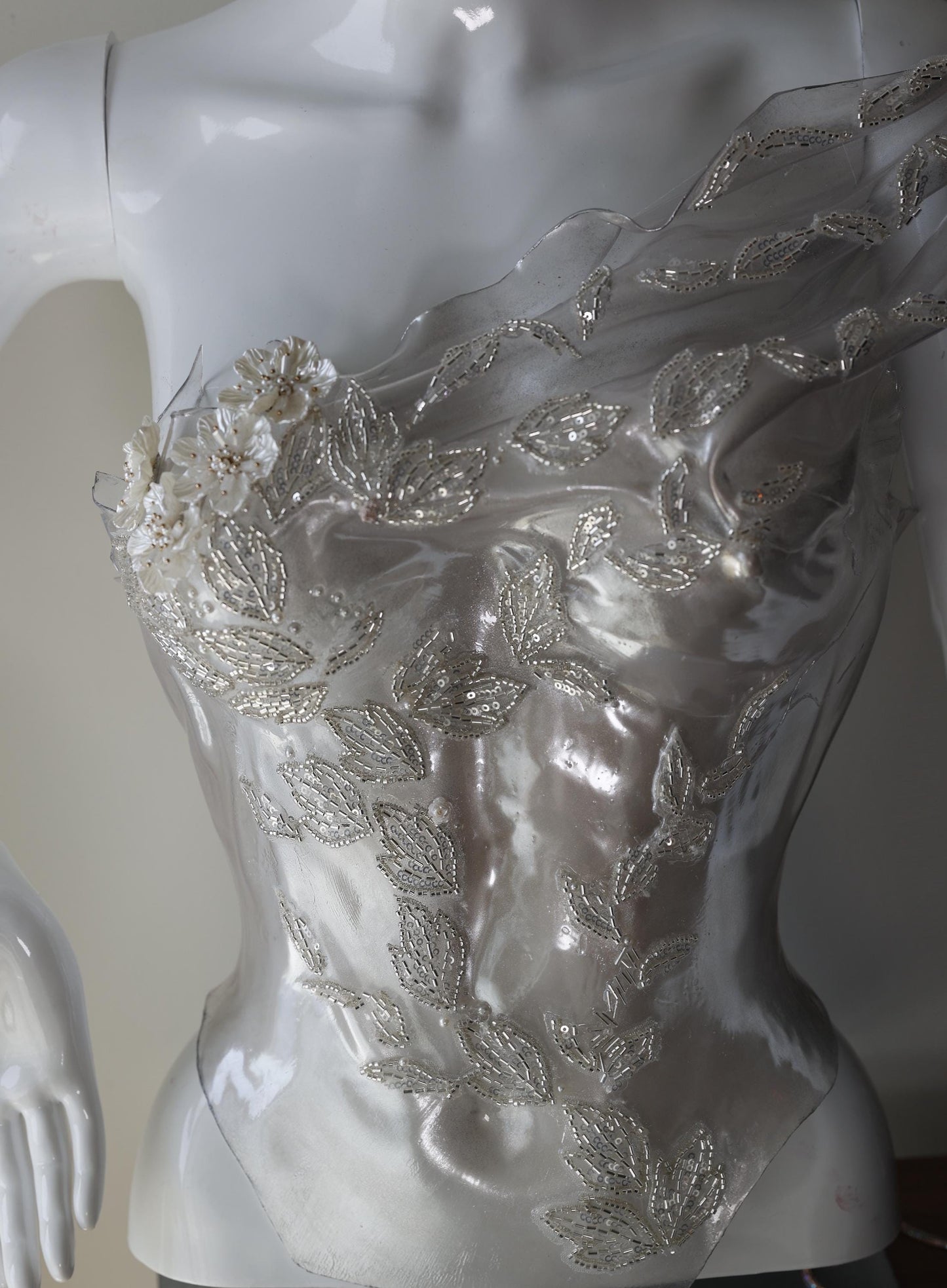 Bridal rhinestone plastic corset bustier top, wedding breastplate with pearls, stage performers outfit, pageant outfit, ballroom dress