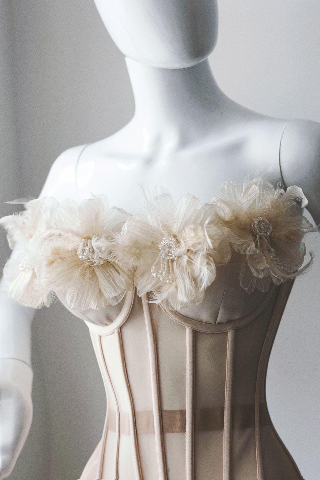 Beige nude custom corset bustier top with flowers, corset with push-up cups, handmade art festival outfit goddess queen top
