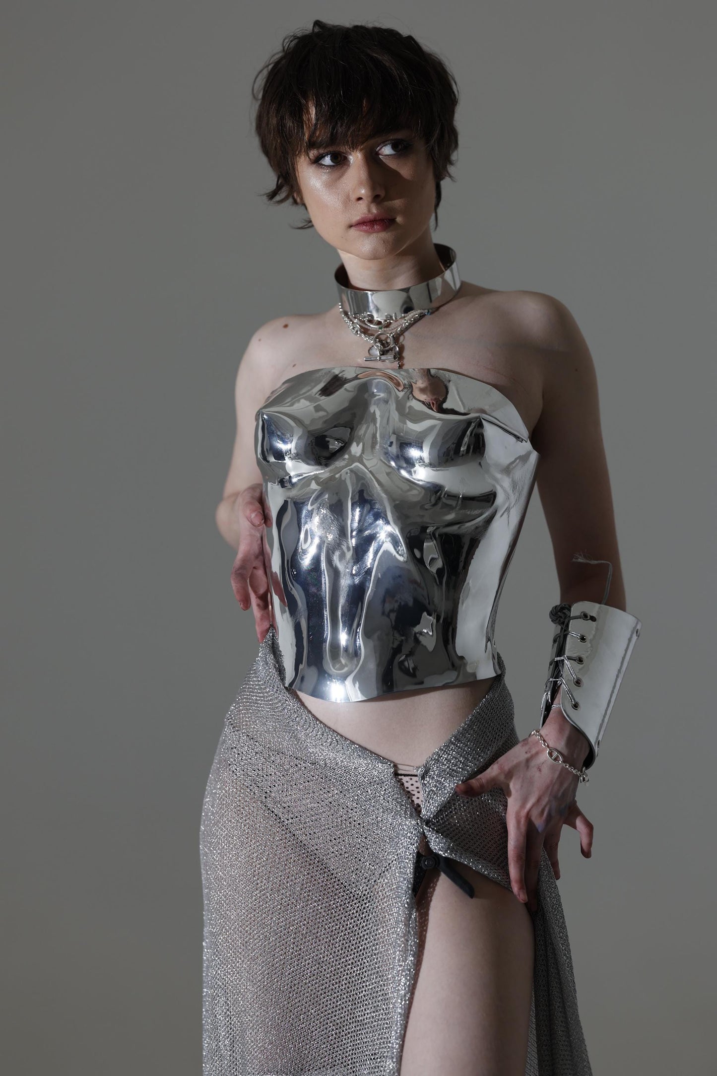 Silver metal custom corset bustier top, breastplate armor costumes cosplay metal bra, burning man rave outfit, photoshoot corset