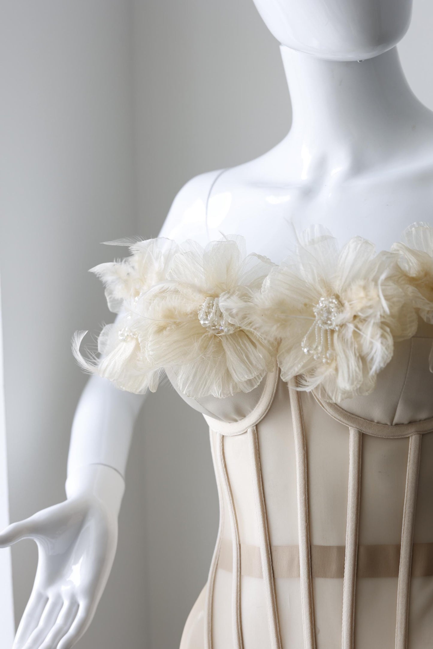 Beige nude custom corset bustier top with flowers, corset with push-up cups, handmade art festival outfit goddess queen top