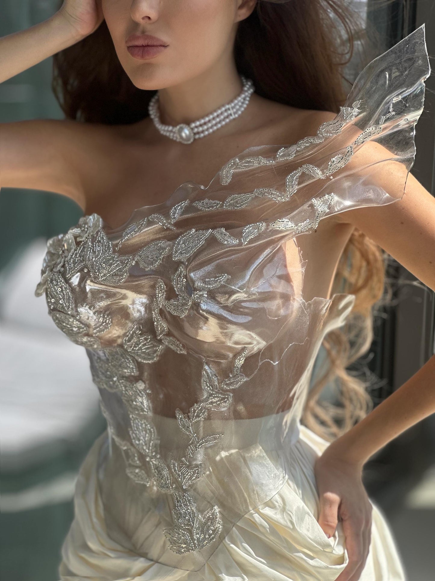 Bridal rhinestone plastic corset bustier top, wedding breastplate with pearls, stage performers outfit, pageant outfit, ballroom dress