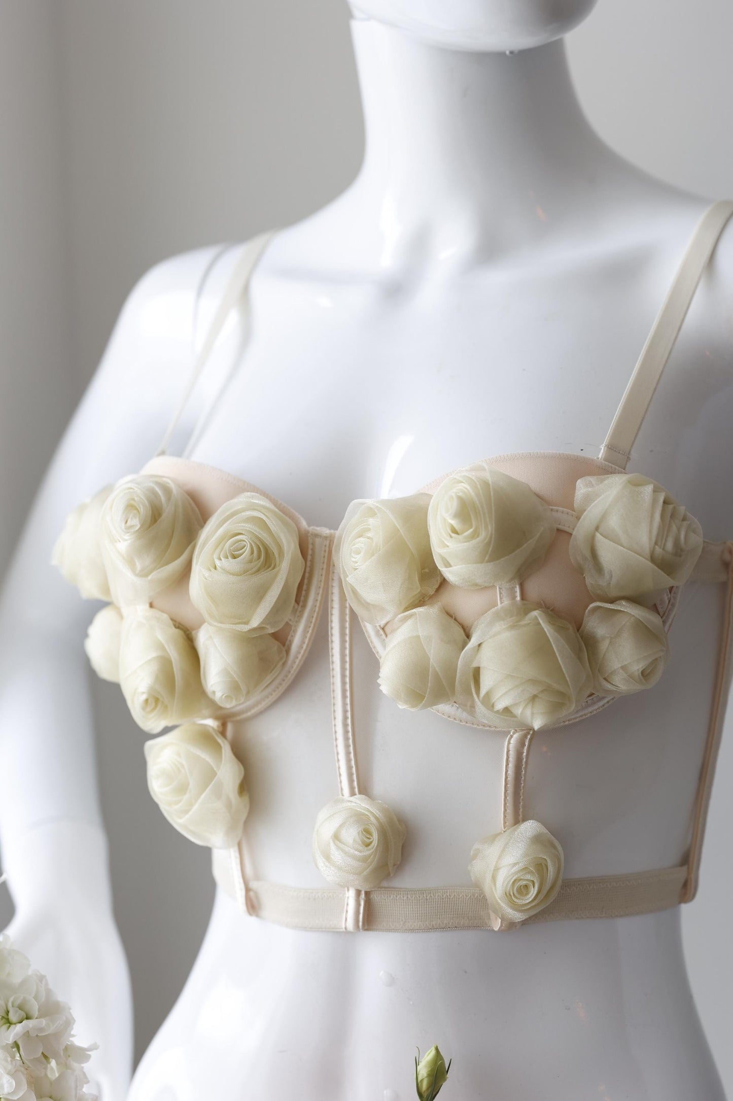 Beige nude custom corset bustier top with flowers and roses, corset with cups, handmade art festival outfit goddess queen top