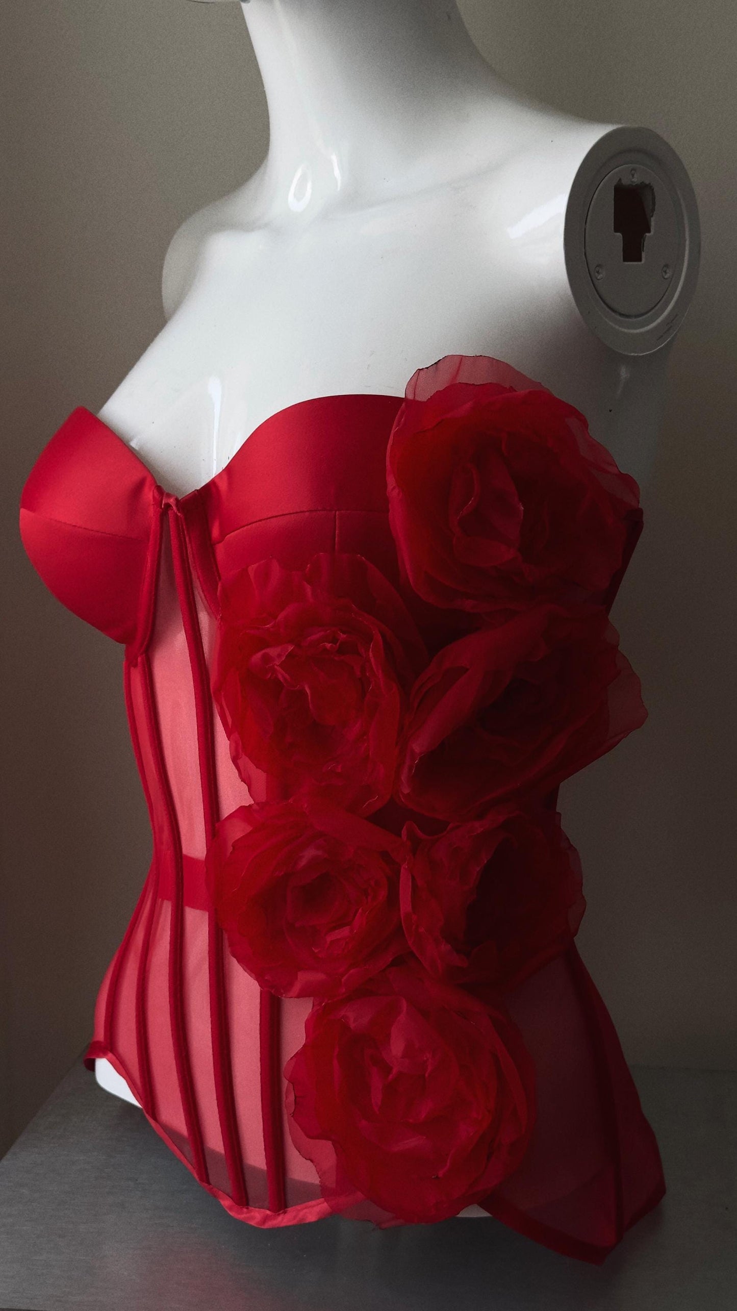 Red custom corset bustier top with flowers, corset with push-up cups, handmade art festival outfit goddess queen top