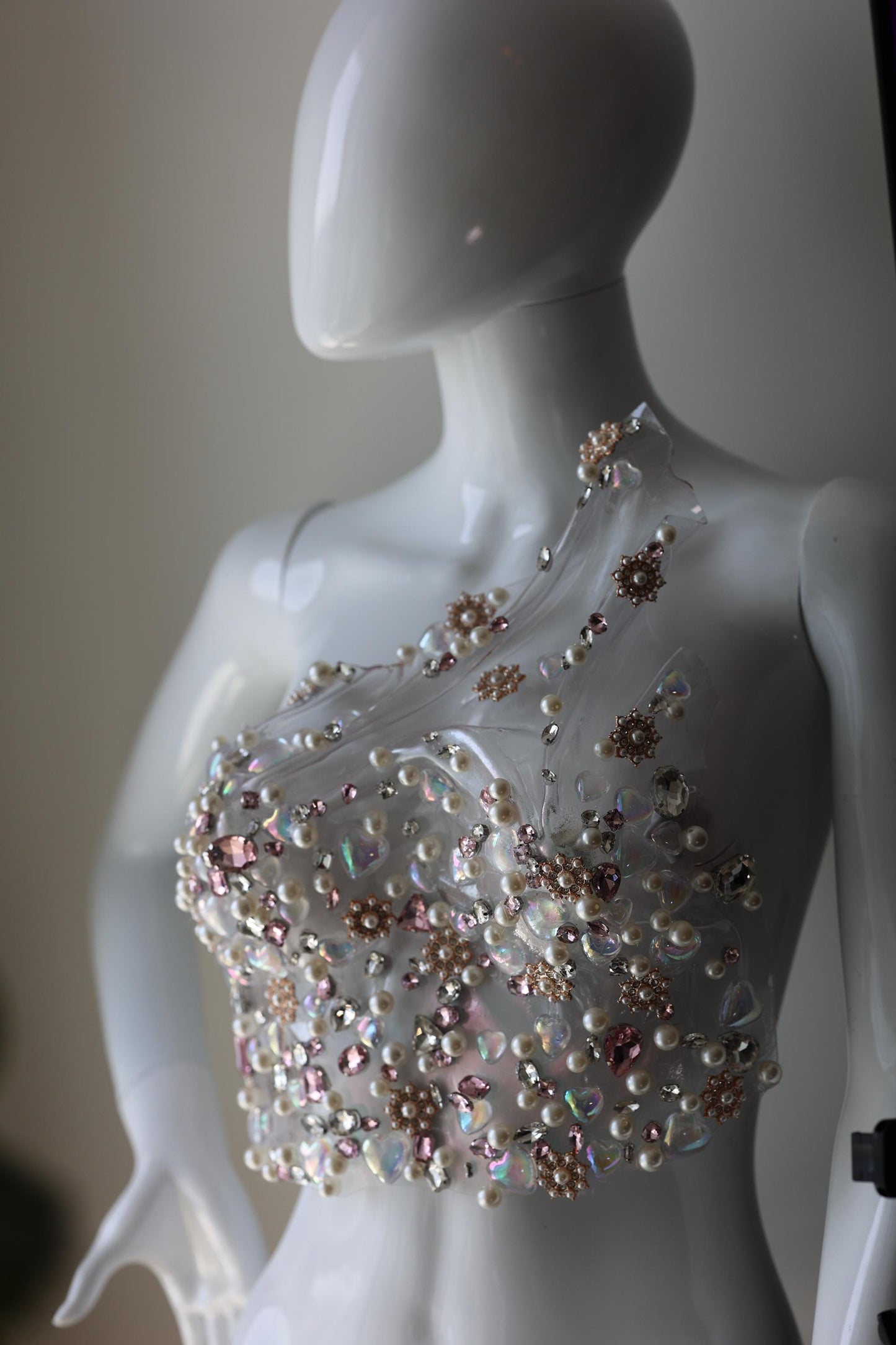 Clear rhinestone corset bustier top, wedding top with pearls, stage performers outfit, pageant outfit, ballroom dress, transparent top