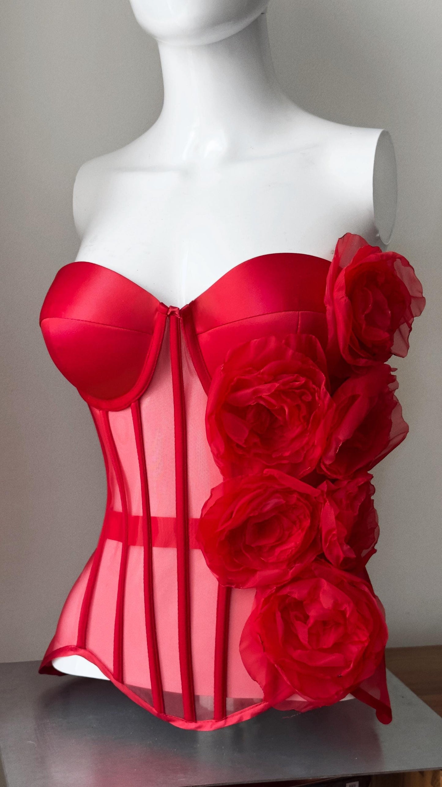 Red custom corset bustier top with flowers, corset with push-up cups, handmade art festival outfit goddess queen top