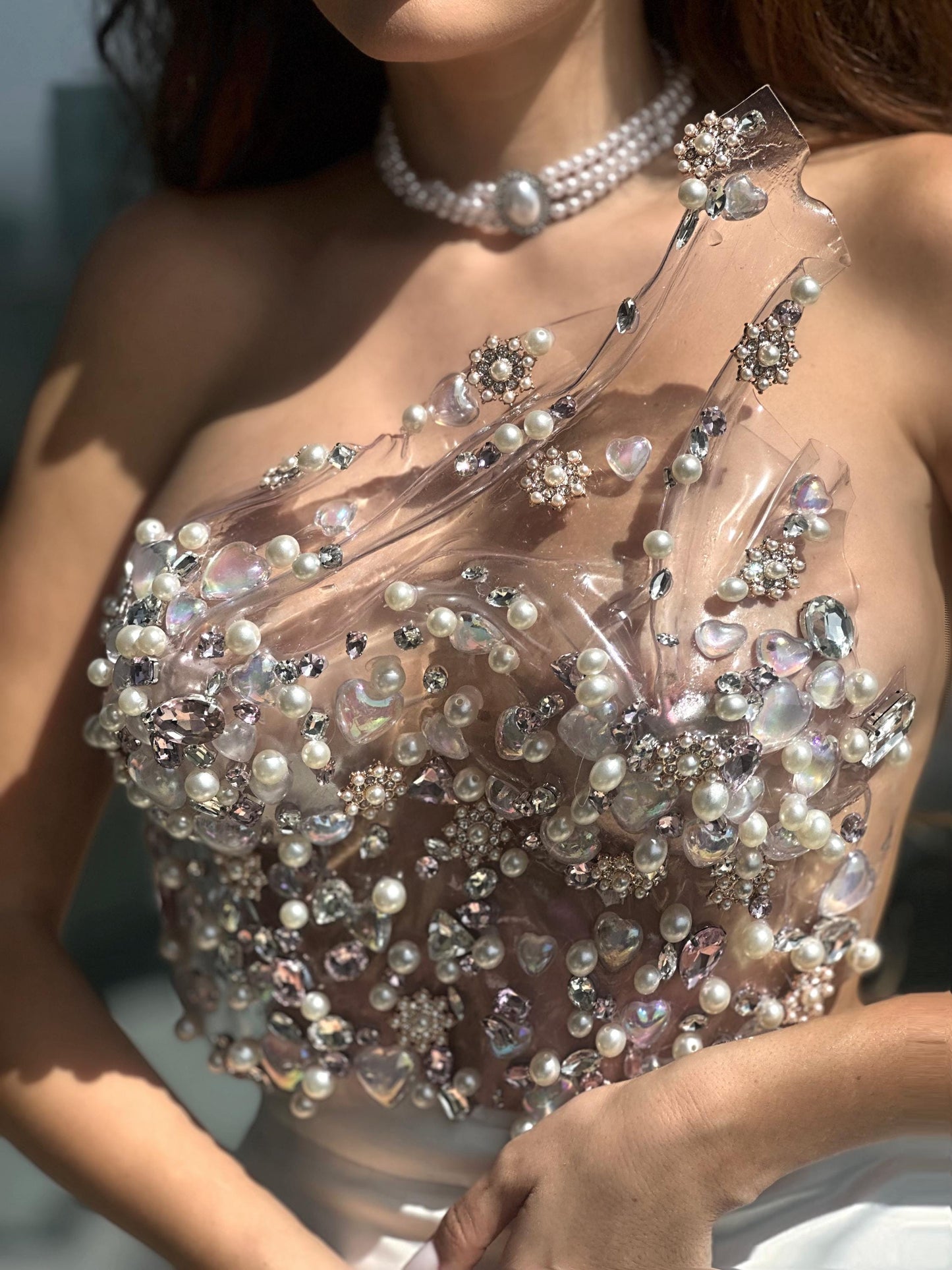 Clear rhinestone corset bustier top, wedding top with pearls, stage performers outfit, pageant outfit, ballroom dress, transparent top