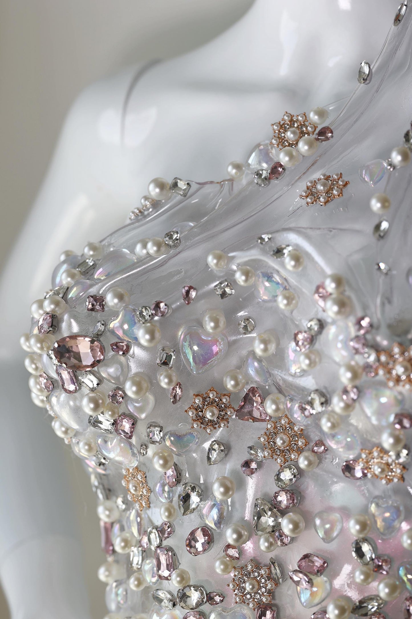 Clear rhinestone corset bustier top, wedding top with pearls, stage performers outfit, pageant outfit, ballroom dress, transparent top