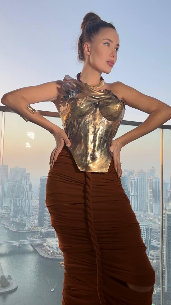 Ancient bronze bustier corset, copper custom handmade breastplate, vintage look brass top for stage performance, photoshoot, special events