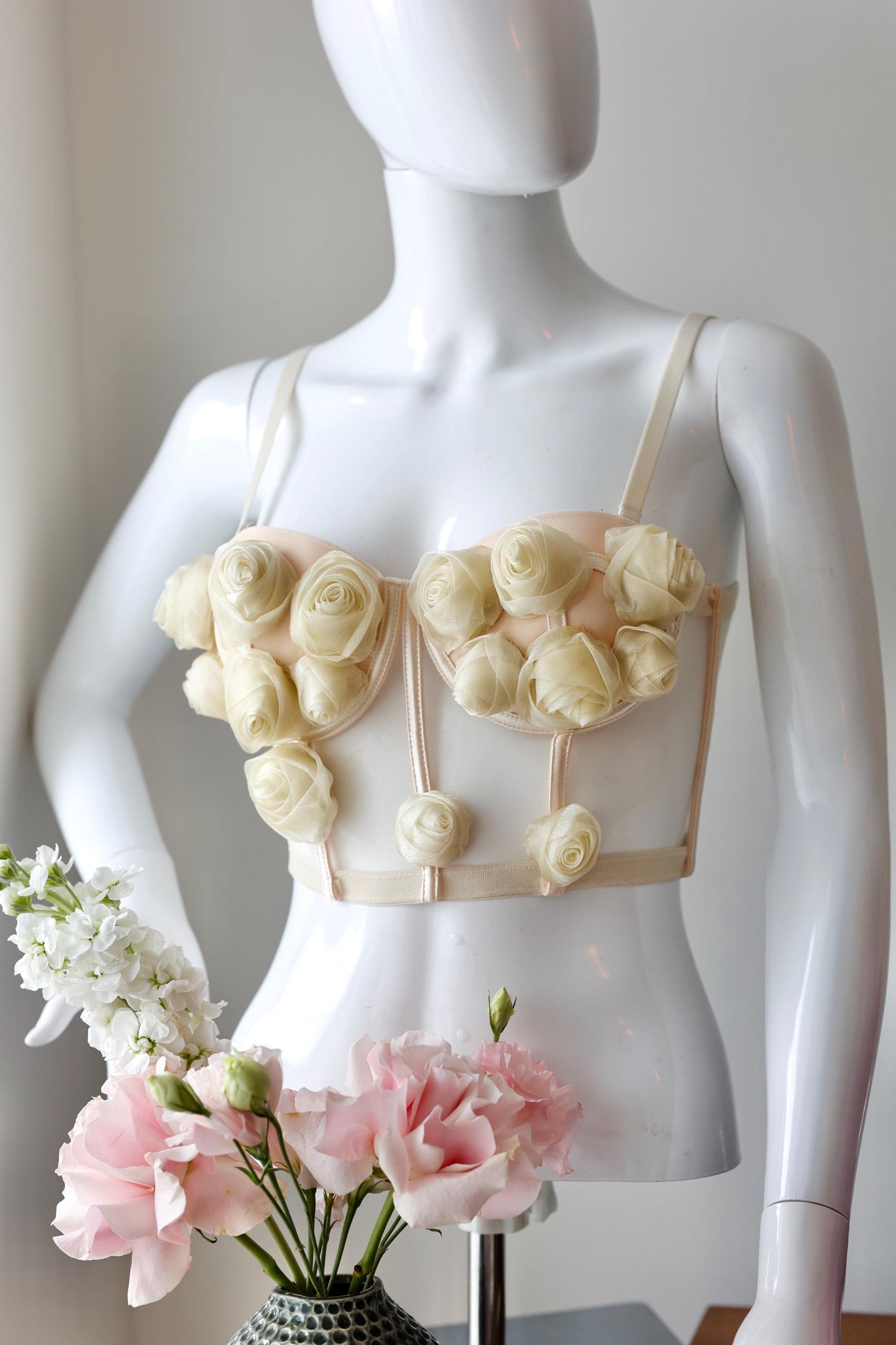 Beige nude custom corset bustier top with flowers and roses, corset with cups, handmade art festival outfit goddess queen top