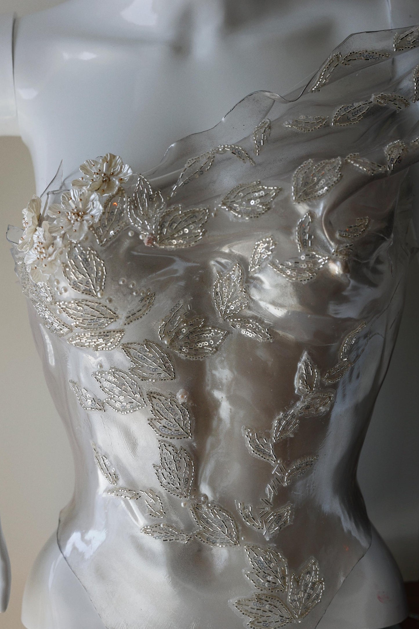 Bridal rhinestone plastic corset bustier top, wedding breastplate with pearls, stage performers outfit, pageant outfit, ballroom dress