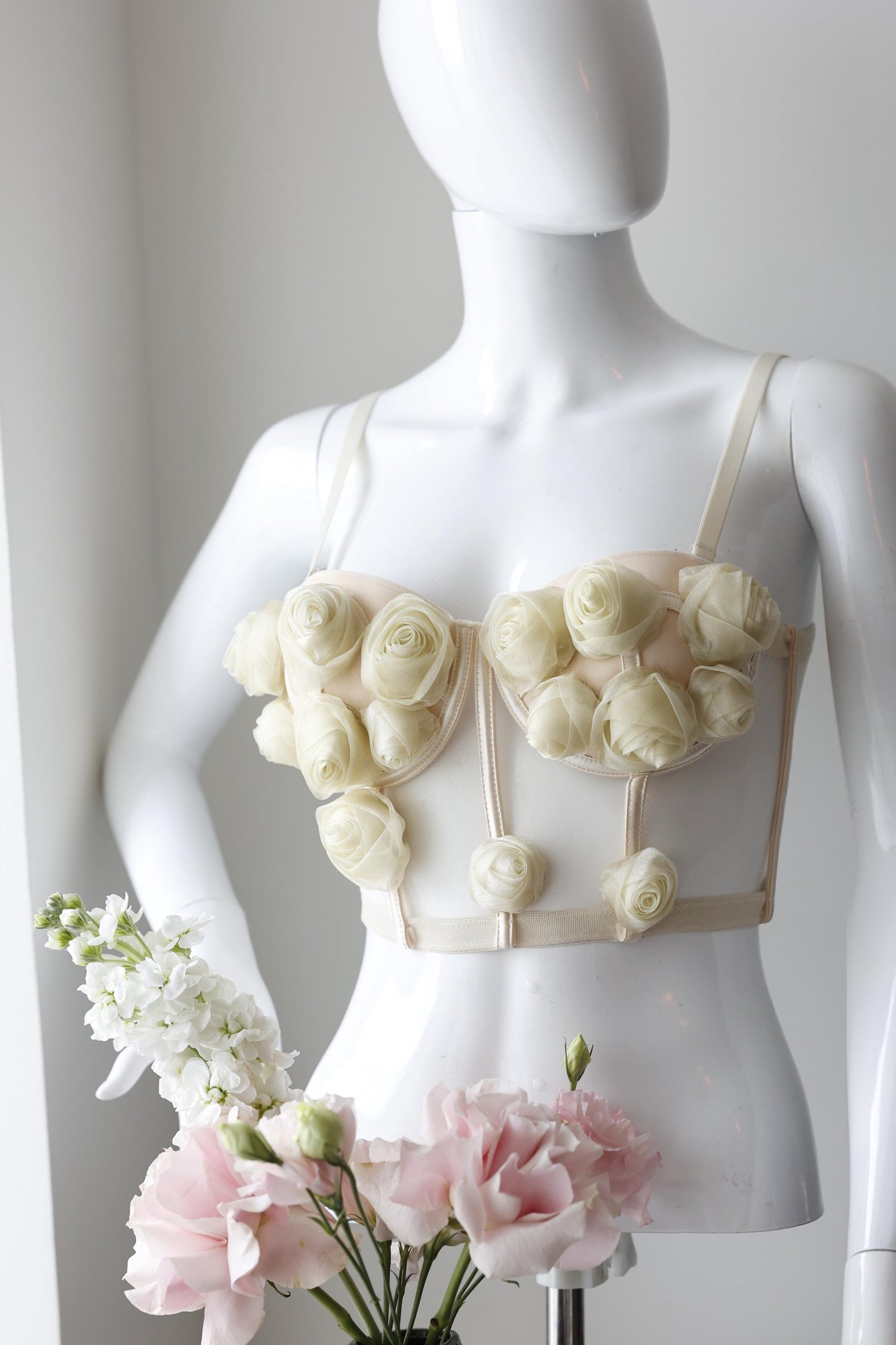 Beige nude custom corset bustier top with flowers and roses, corset with cups, handmade art festival outfit goddess queen top