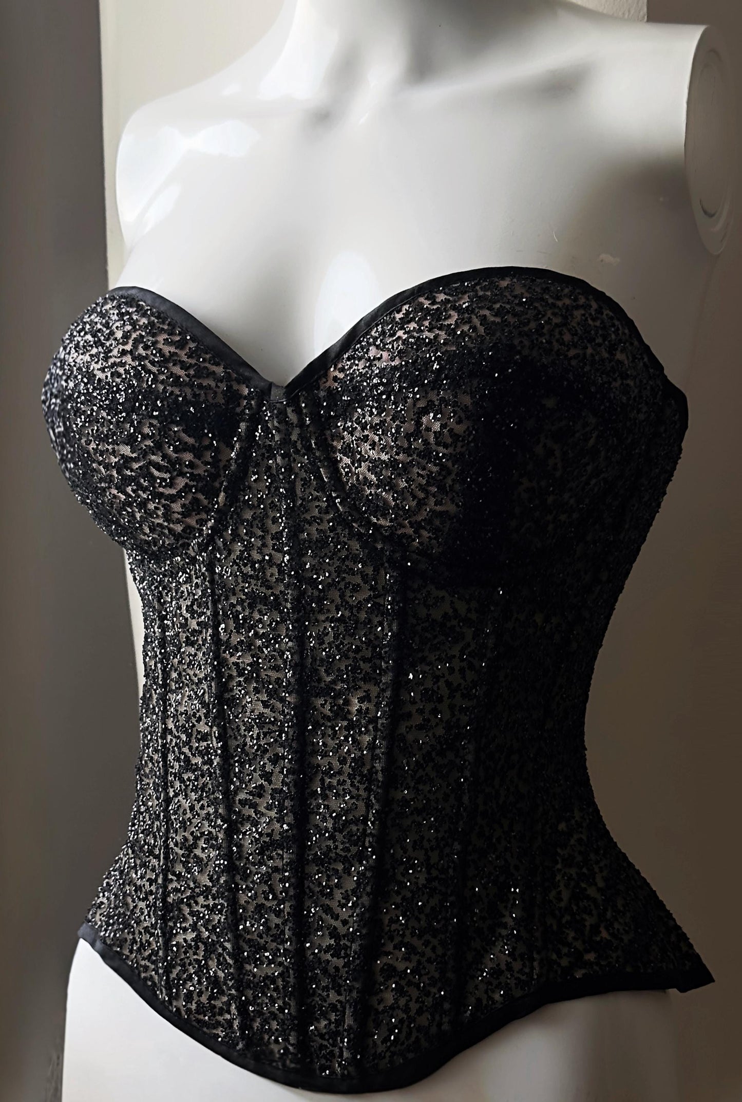 Black shiny beads corset, sparkling princess corset with cups, prom dress, stage performance outfit, custom corset over bust top