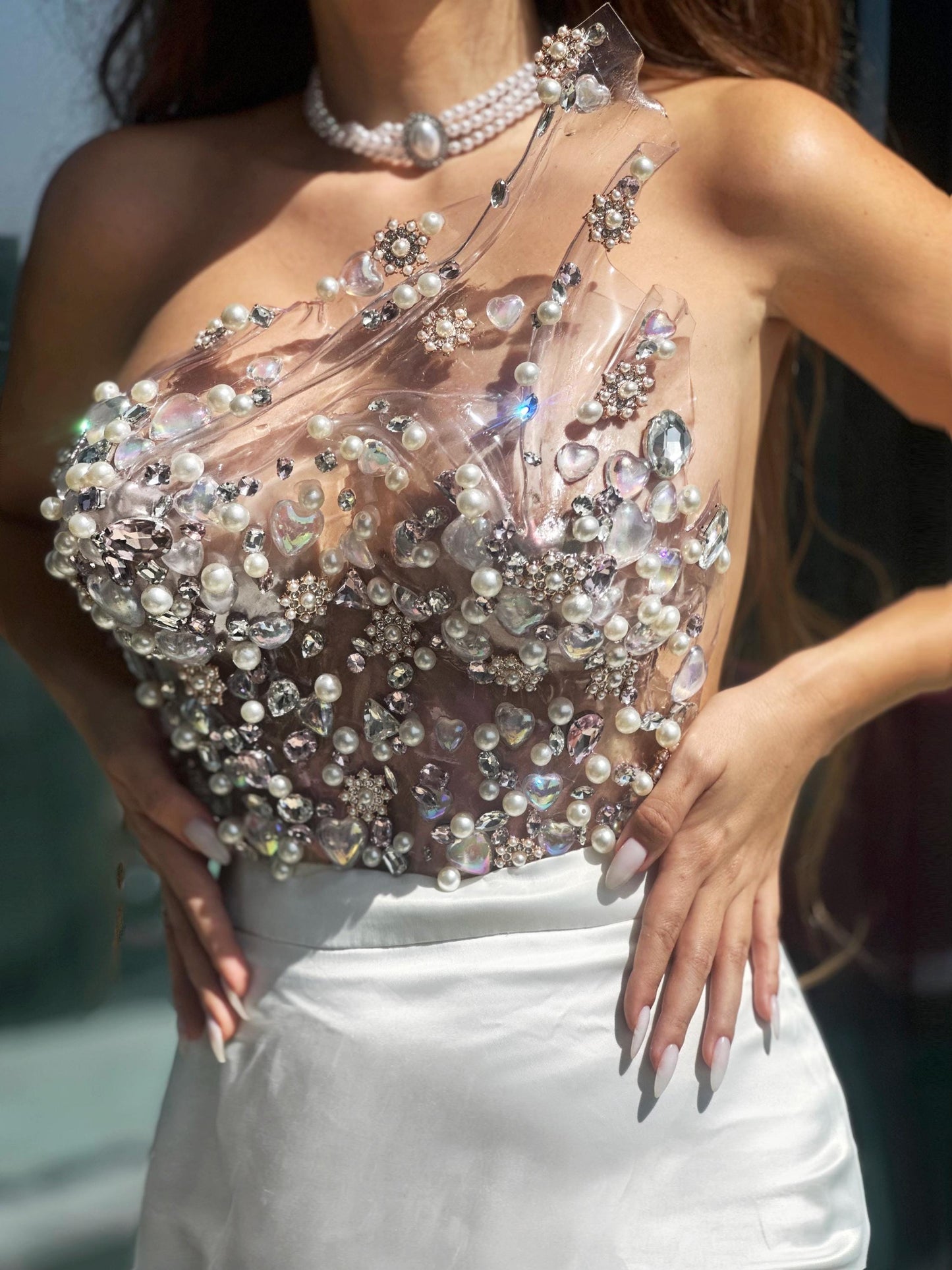 Clear rhinestone corset bustier top, wedding top with pearls, stage performers outfit, pageant outfit, ballroom dress, transparent top