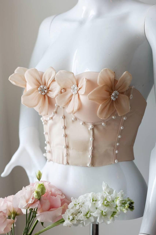 Beige nude custom corset bustier top with flowers and pearls, corset with cups, handmade art festival outfit goddess queen top