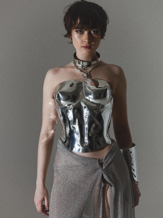 Silver metal custom corset bustier top, breastplate armor costumes cosplay metal bra, burning man rave outfit, photoshoot corset