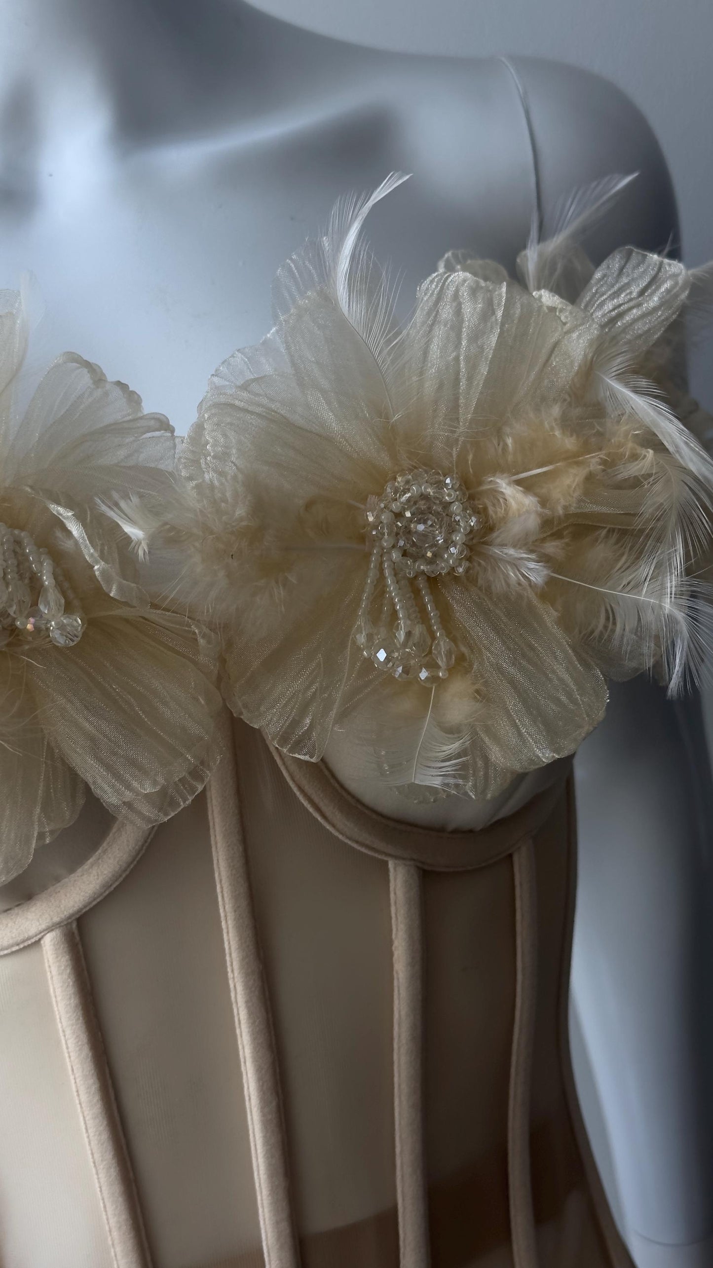 Beige nude custom corset bustier top with flowers, corset with push-up cups, handmade art festival outfit goddess queen top