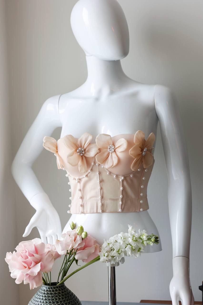 Beige nude custom corset bustier top with flowers and pearls, corset with cups, handmade art festival outfit goddess queen top