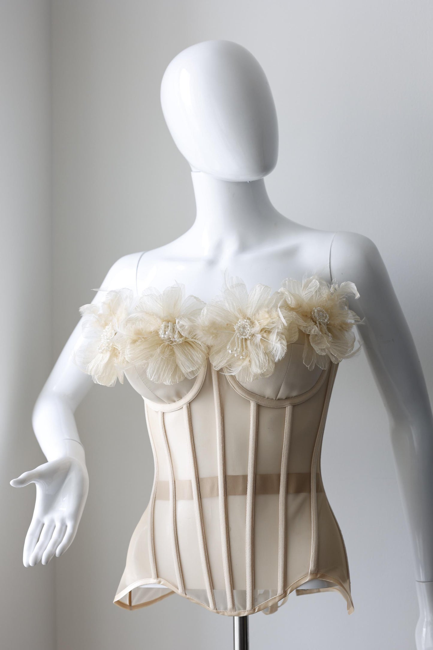 Beige nude custom corset bustier top with flowers, corset with push-up cups, handmade art festival outfit goddess queen top