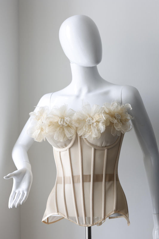 Beige nude custom corset bustier top with flowers, corset with push-up cups, handmade art festival outfit goddess queen top