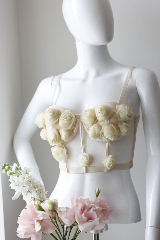 Beige nude custom corset bustier top with flowers and roses, corset with cups, handmade art festival outfit goddess queen top