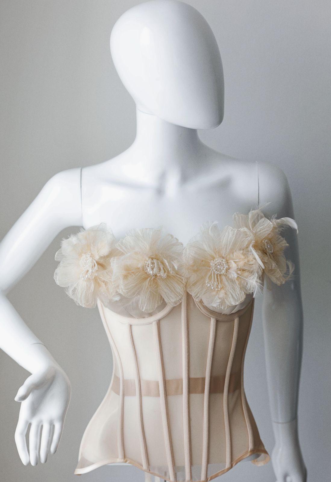 Beige nude custom corset bustier top with flowers, corset with push-up cups, handmade art festival outfit goddess queen top