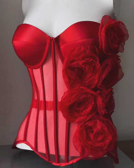 Red custom corset bustier top with flowers, corset with push-up cups, handmade art festival outfit goddess queen top