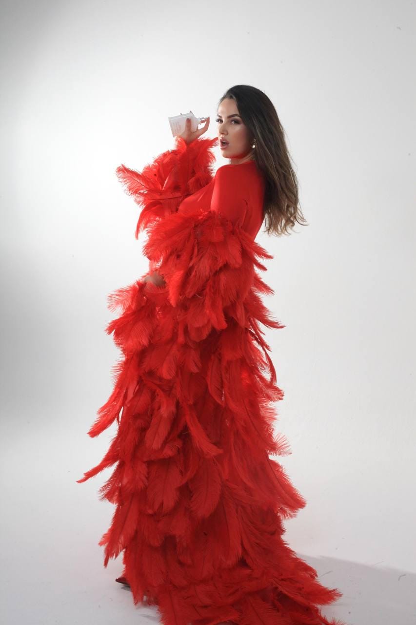 Red ostrich feather cape