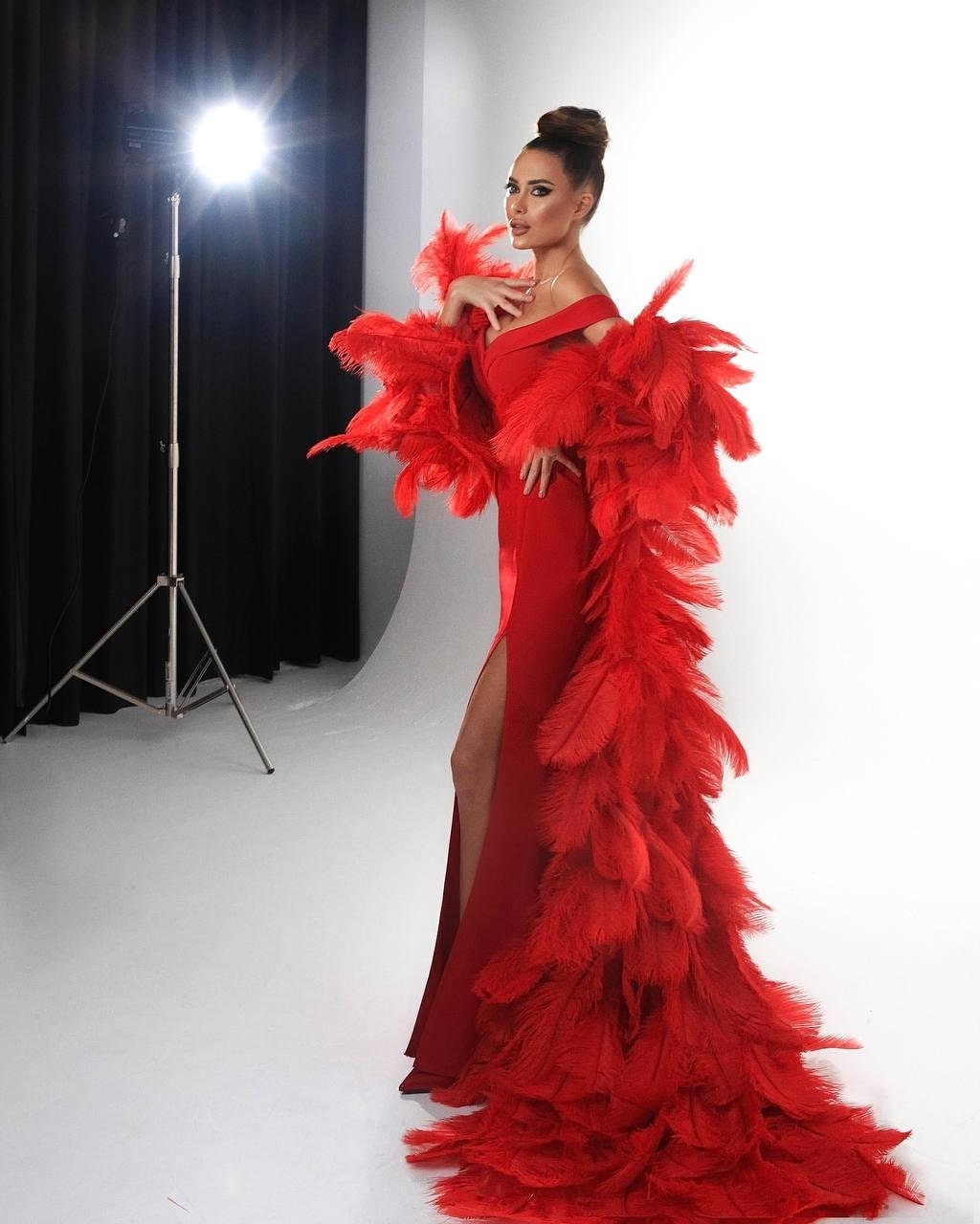 Red ostrich feather cape