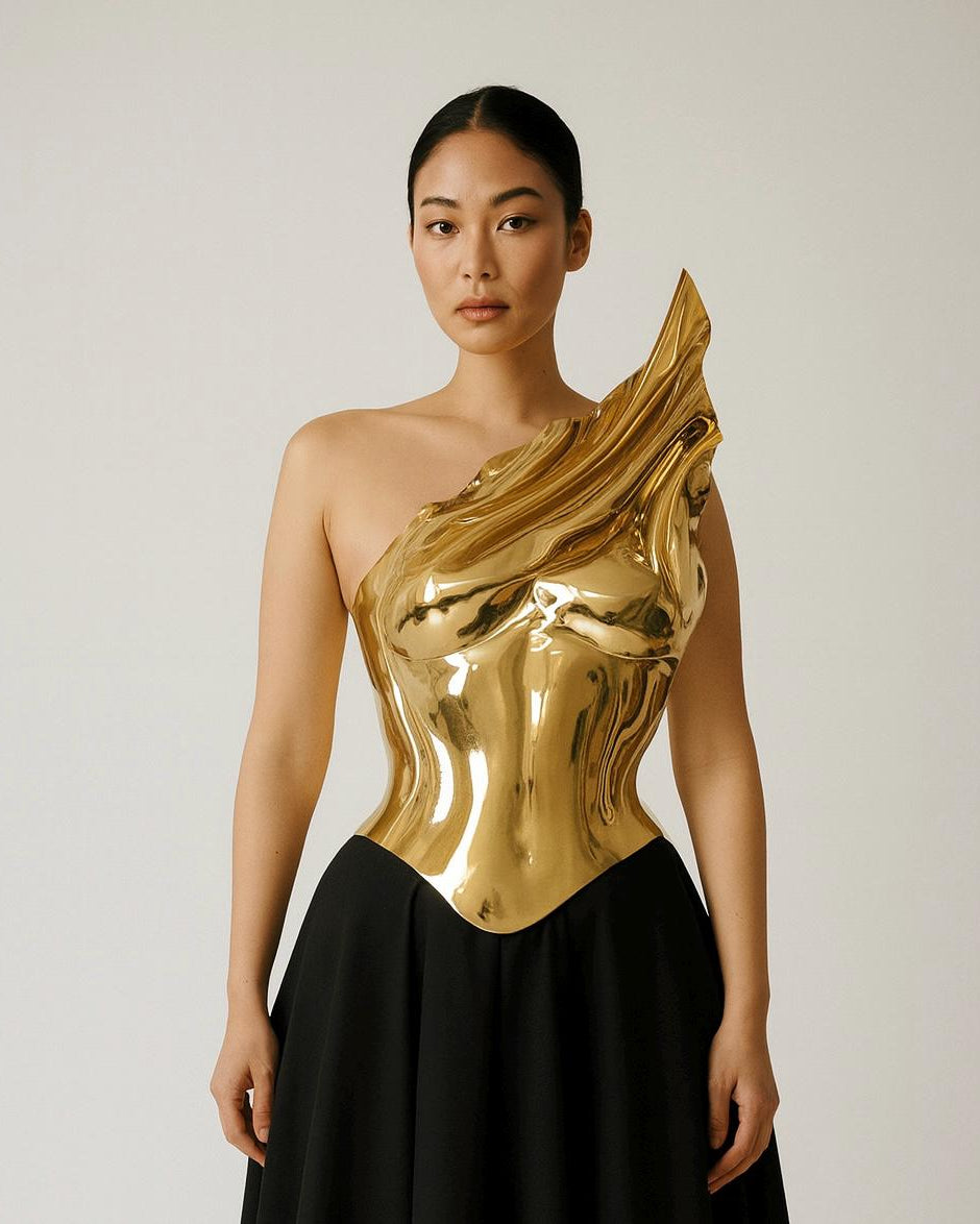 Lustrous gold strapless corset top