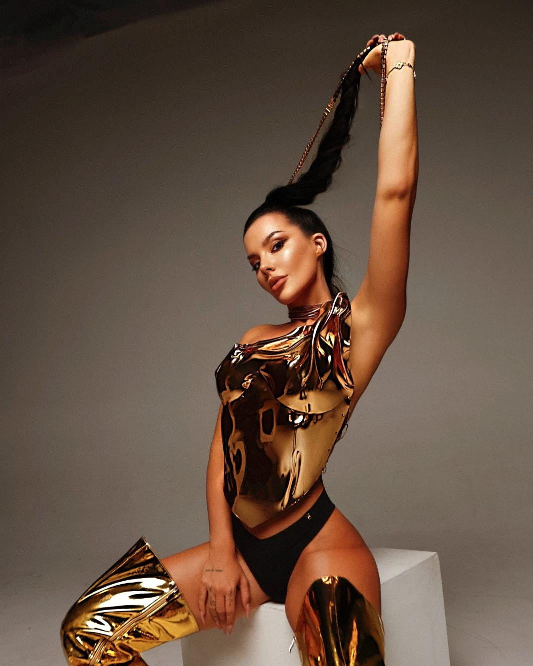 Lustrous gold strapless corset top