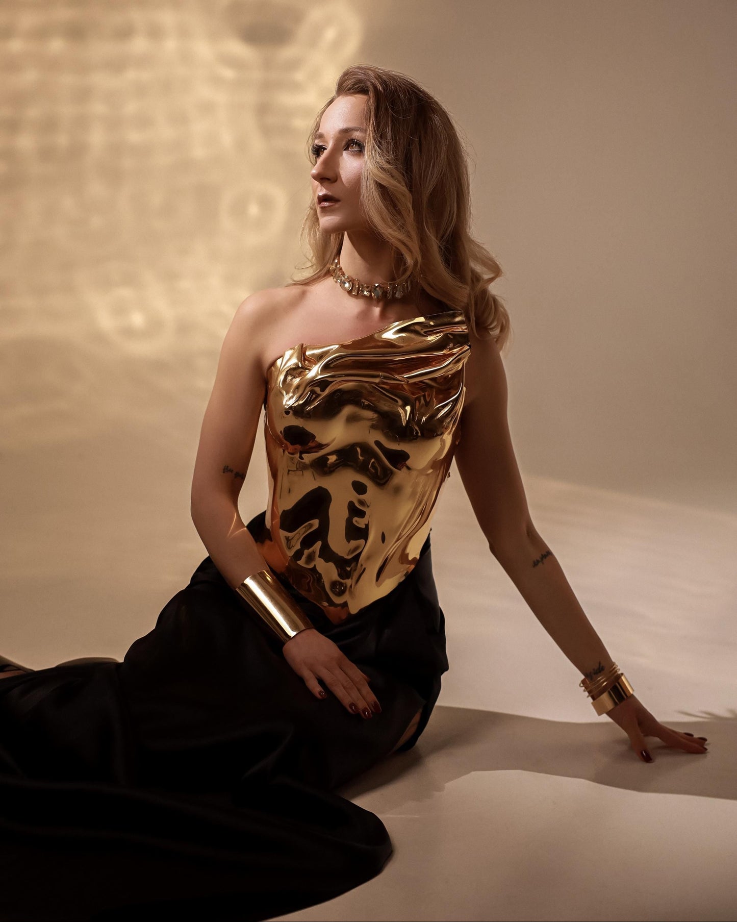 Molten gold one-shoulder acrylic corset